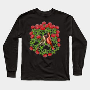 Red Cardinal birds in rose flowers Long Sleeve T-Shirt